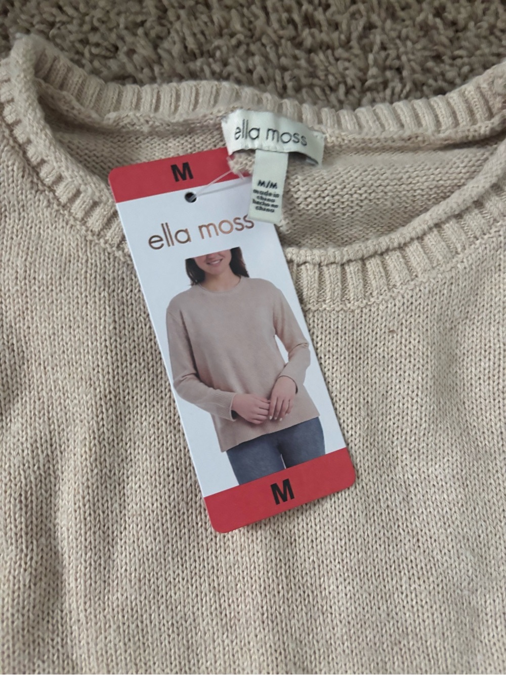Ella Moss Beige Crew Sweater with Ribbed Neck